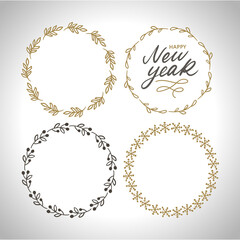 Christmas ornament wreath frame vector illustration set with red berries, green leaves, red robin bird, pine cone and cute Christmas ornaments.