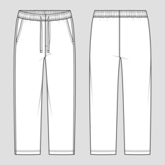 Loungewear pants. Pants with elastication and a drawstring at the waist and side pockets in a relaxed style. Men's home wear. Vector technical sketch. Mockup template.