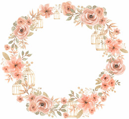 Autumn Coral Flowers Clipart, Watercolor Caramel flowers wreath clip art, Vintage Cage frame illustration, Rustic Thanksgiving border, Scrapbook, Logo design, Wedding invites