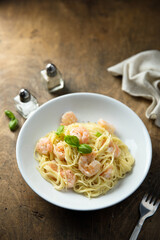 Traditional homemade pasta with shrimps