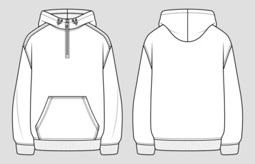 Hoodie with front zipper at the top. Unisex oversized sweatshirt. Vector technical sketch. Mockup template. © Anna