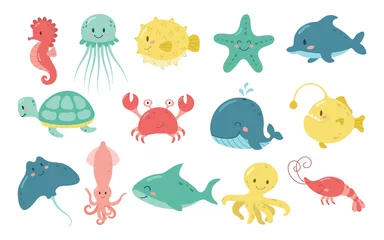 Fototapete Meeresleben Set of cute sea animals. Cartoon ocean fish, seahorse, jellyfish, blowfish, starfish, dolphin, turtle, crab, whale, anglerfish, ramp, squid, shark, octopus, shrimp.