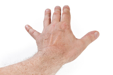 Outstretched man hand with spread wide fingers on white background