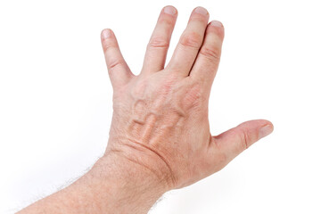 Outstretched man hand with partly spread and raised up fingers