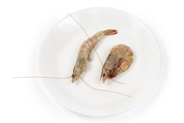 Two frozen king prawns on dish on a white background
