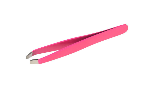 Bright pink cosmetic eyebrow tweezers isolated on white