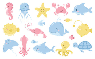 Cute vector sea animals set. Cartoon ocean fish, seahorse, jellyfish, blowfish, starfish, dolphin, turtle, crab, whale, anglerfish, ramp, squid, shark, octopus, shrimp.
