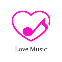 Logotipo lineal con texto Love Music con nota musical en corazón para su uso en invitaciones y tarjetas de felicitación en color rosa