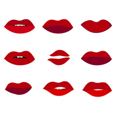 Red lips collection. Girl mouths with red lipstick makeup expressing different emotions. Sexy mouth kissing. 