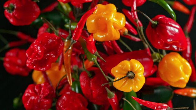 Super Slow Motion Shot of Flying Mixed Chilli Peppers Towards Camera at 1000fps.