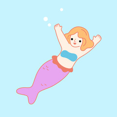 Cute cartoon young mermaid character. Happy mermaid swimming in blue transparent water. Vector cartoon illustration.