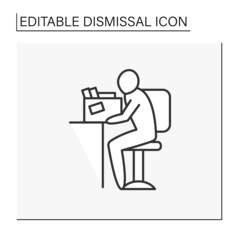 Fototapeta na wymiar Job loss line icon. Employee has a box with personal things, sitting on a chair. Dismissal concept. Isolated vector illustration. Editable stroke