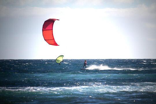 Kite surfing in ocean waves (Tererife, Spain)