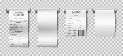 Printed sale receipt. Shopping receipts paper prints, supermarket bills. Isolated invoice mockup, printing in atm restaurant blank check exact vector template
