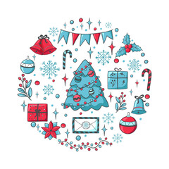 Christmas and New Year cute elements in circular shape. Holiday decoration elements for design, greeting card, posters, postcard. Trendy elements in doodle style isolated on white background