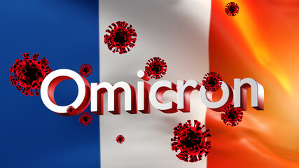 Omicron virus in France. Distribution of delta strain in French Republic. COVID-19 epidemic. Omicron logo in front of france flag. Mutated SARS-CoV-2 lockdown virus. Coronavirus pandemic. 3d image.