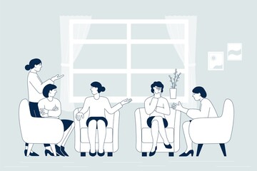 Women group therapy. Meeting for help, counseling group female. Woman talks psychotherapy, psychology support class flat recent vector concept