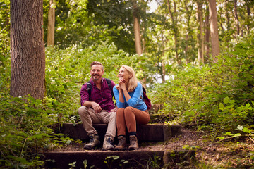 Mature Couple In Countryside Hiking Along Path Through Forest Sit And Take A Break Together