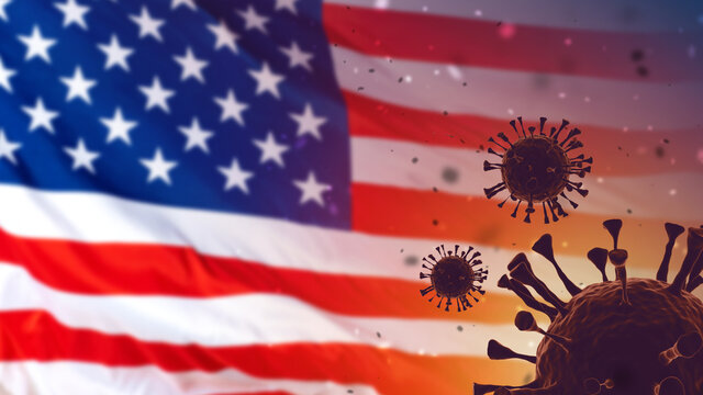 Omicron COVID-19 variant in USA. Delta plus pandemic in United States of America. SARS-CoV-2 virus in front of USA flag. Omicron pandemic strain. Coronavirus mutation in America lockdown. 3d image.