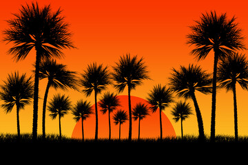 Fototapeta na wymiar Illustration of palm trees at sunset