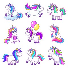 Cartoon magic unicorns. Cute pony, unicorn patches. Isolated pink kids friends, fairy tale animals. Cutie elements for birthday, party, decorations, garish vector