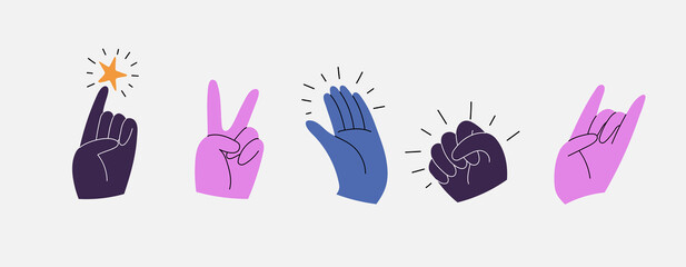 Set of colorful hands holding various stuff. Different operations and gestures. Hand drawn vector illustration