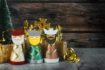 The three wise men with christmas ornaments and copy space. Concept for Dia de Reyes Magos...