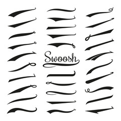 Swoosh tails. Retro swooshes, typography curly font tail. Sport vintage text decoration, lettering banners. Underline accent tidy vector collection
