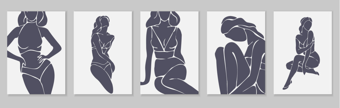 Contemporary feminine matisse style posters. Woman in minimal silhouette mosaic style. Illustration by femininity, beauty and modern art. Abstract vector