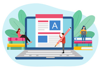 People writing digital content on computer in flat design. Blogger, content writer, book author concept.