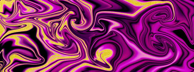 Abstract background illustration of liquid purple and gold glitter paint swirls