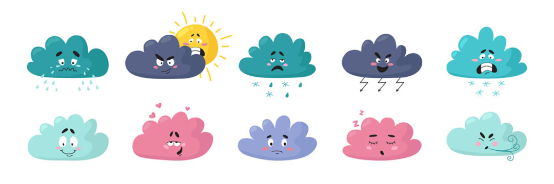 Cartoon weather clouds. Cute character, cloud emotions. Isolated angry, joyful sad faces. Baby shower design, snowy or rainy icons, classy vector set