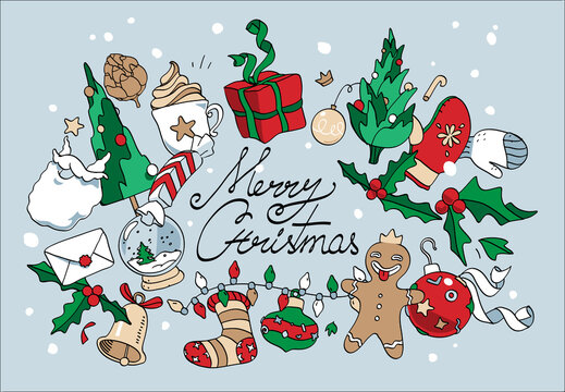 Cartolina di Natale con elementi festivi come regali, dolci, decorazioni per l'albero di Natale