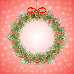 Illustration of a Christmas wreath with candy canes and gingerbread men on a red snowflake background with space for text
