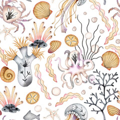 Marine Worlds Creatures Watercolor Seamless Pattern