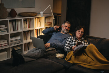 adult couple relaxing at home. evening scene