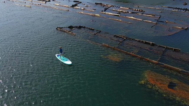 Aerial shot. Young women is having fun. Stand Up Paddling in the sea. SUP. Paddling among debrees of a sunk metal ships