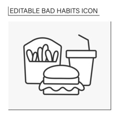 Addiction line icon. Fast food addiction. Overeating tasty fat meals. Uncontrollable urge to eat unhealthy food.Bad habits concept. Isolated vector illustration. Editable stroke