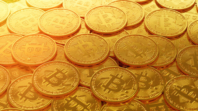 Bitcoin Cryptocurrency represented as Gold Coins. 3D rendering illustration.