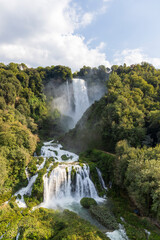 Panoramic view of the Marmore Falls, Umbria, Italy. Artificial waterfalls in Italy.