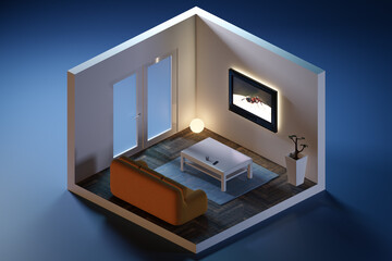 Isometric view of a living room at night