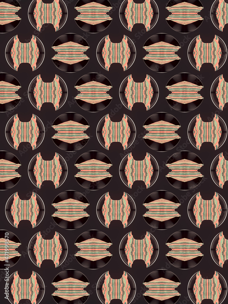 Poster Pattern of black shiny spheres intersecting with a glowing distorted striped pattern. Fantasy 3d rendering illustration