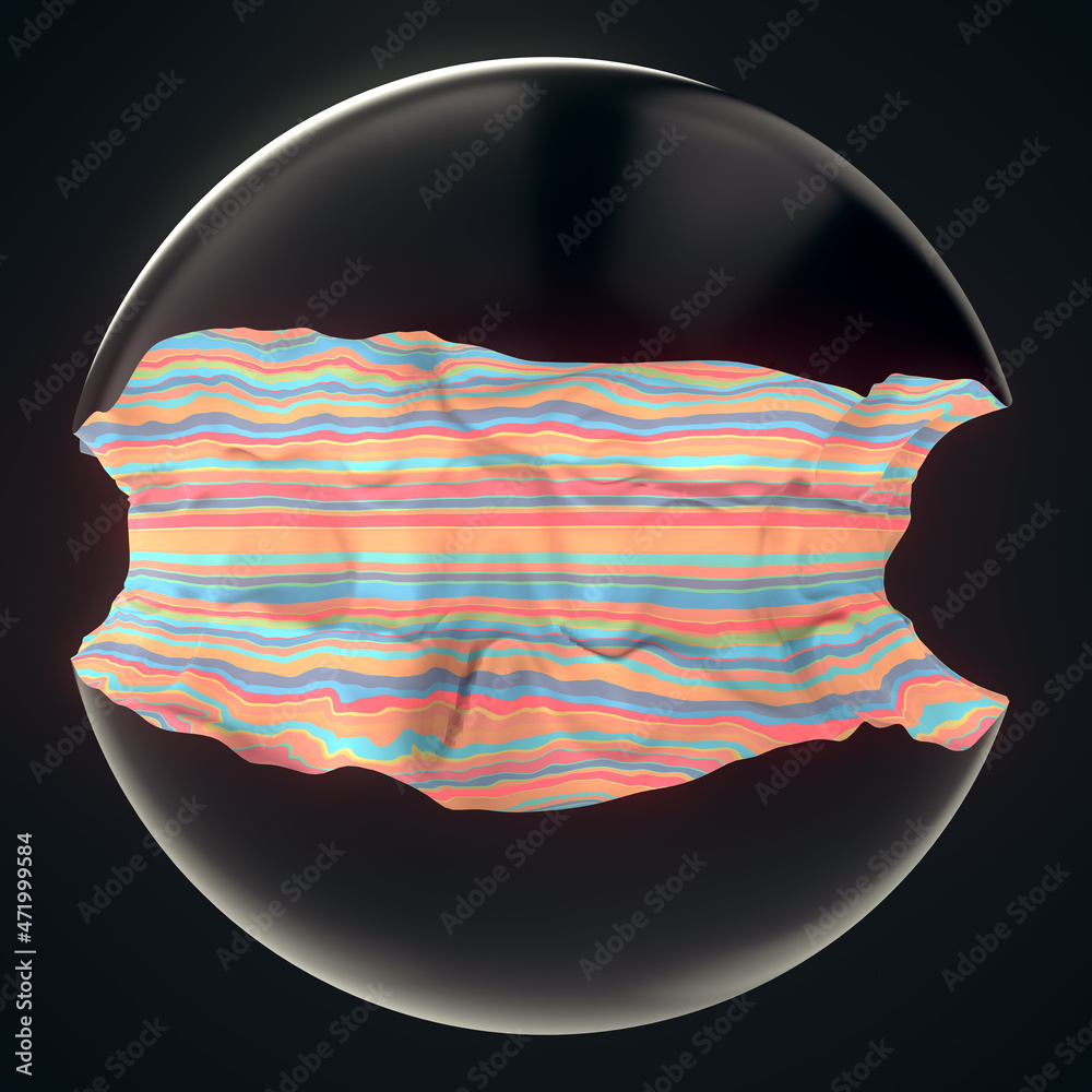 Poster Black shiny sphere with carved into it a glowing distorted striped pattern Psychedelic 3d rendering digital illustration