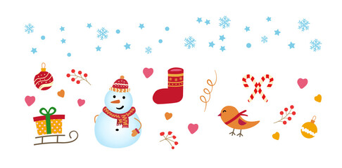 Collection of New Year vector illustration on a white background. Snowmen with gifts, sled, bird, snowflakes.