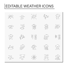 Weather line icons set. Different natural phenomenal. Meteorology concept. Isolated vector illustrations. Editable stroke. Vector illustration