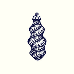 Christmas ornaments (Christmas tree balls) vintage spiral shape. Ink black and white doodle drawing in woodcut style.