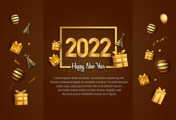 happy new year 2022 golden number in square with celebration element isolated on brown background