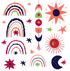 Celestial, mystical modern rainbow vector set. Moon, stars, moon phase, sun. Boho Illustration isolated on white. Wall art, t shirt print, card, poster for nursery room, kids and baby clothes