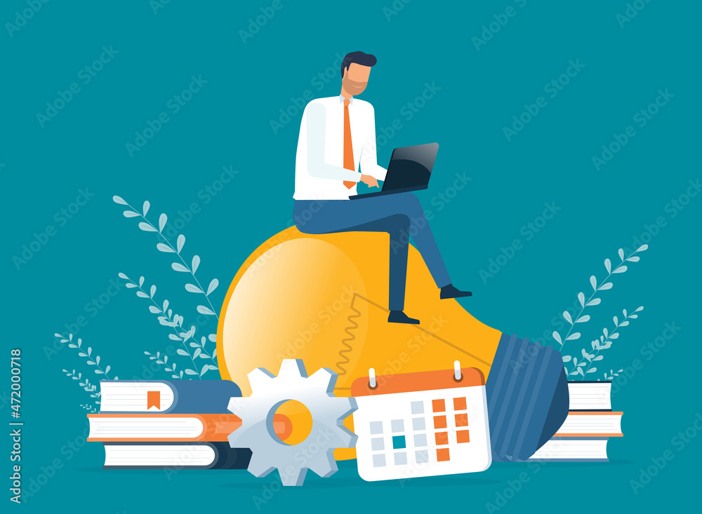 Poster flat vector cartoon character design businessman sitting on lightbulb working with laptop. creative 