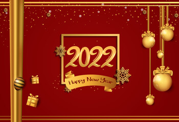 happy new year 2022 golden number in square with celebration element isolated on red background